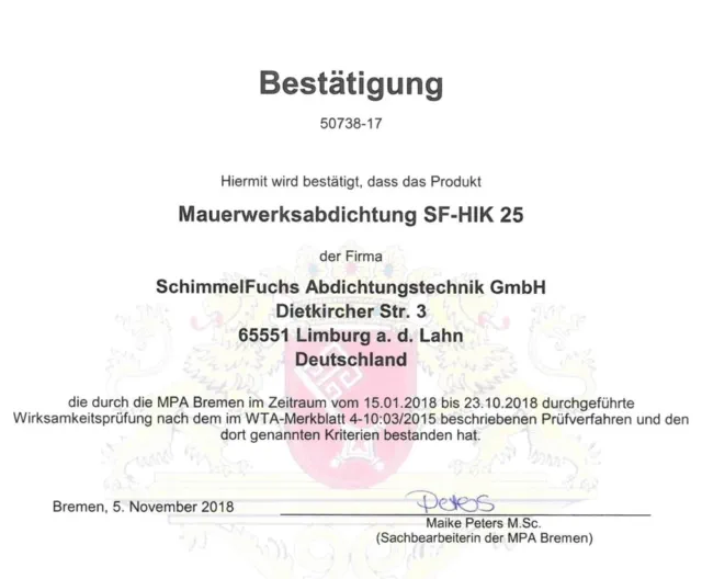 Zertifikat SchimmelFuchs Fachschulung Mauerwerksabdichtung